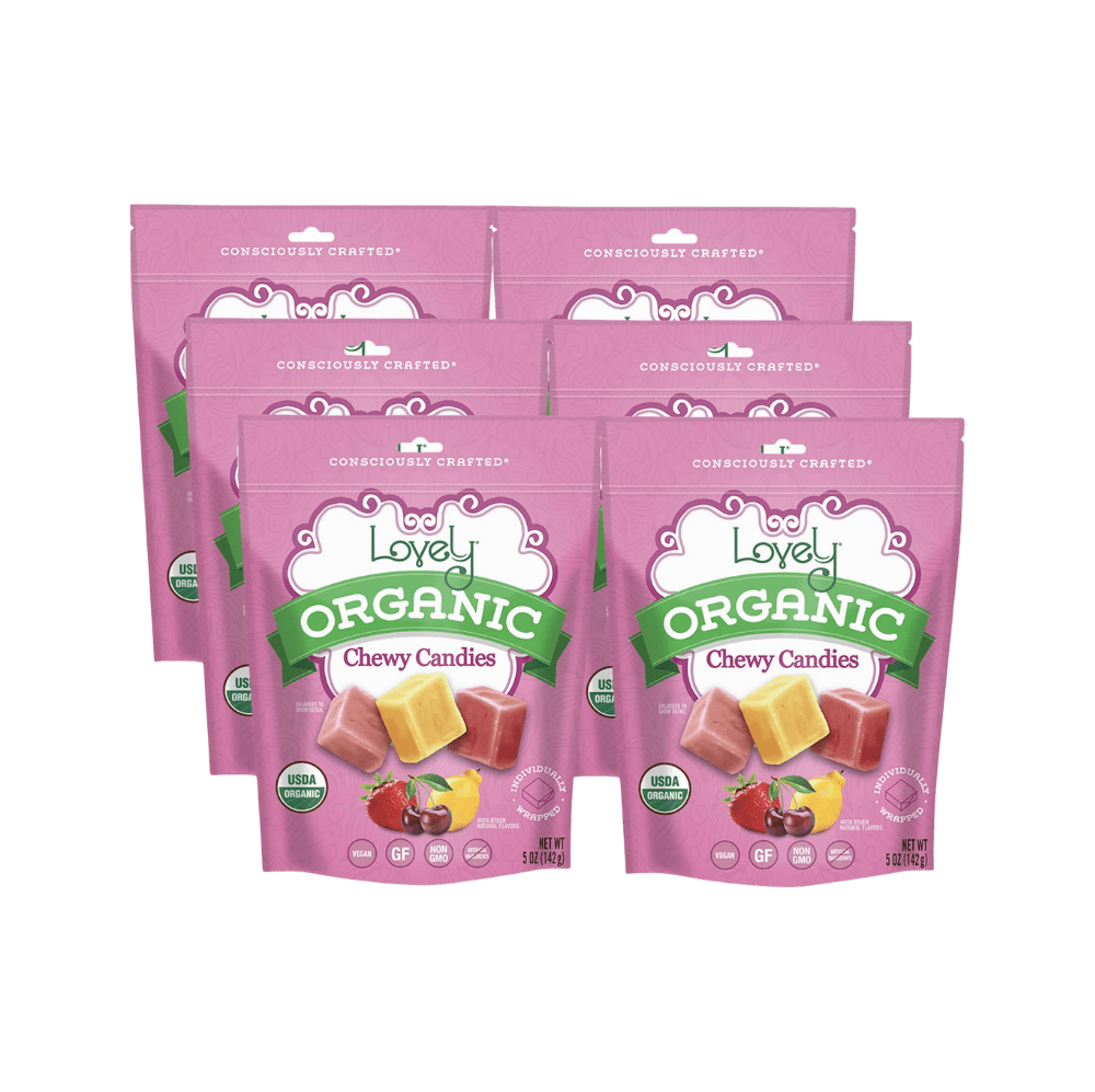 Organic chewy candies from Lovely Candy Company, colorful assortment of fruity and sweet treats in vibrant packaging.