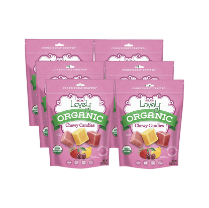Organic chewy candies from Lovely Candy Company, colorful assortment of fruity and sweet treats in vibrant packaging.