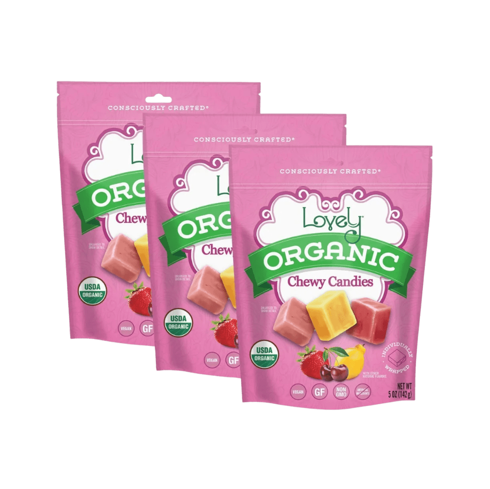 Organic chewy candies from Lovely Candy Company in colorful wrappers, showcasing their vibrant and appealing packaging.