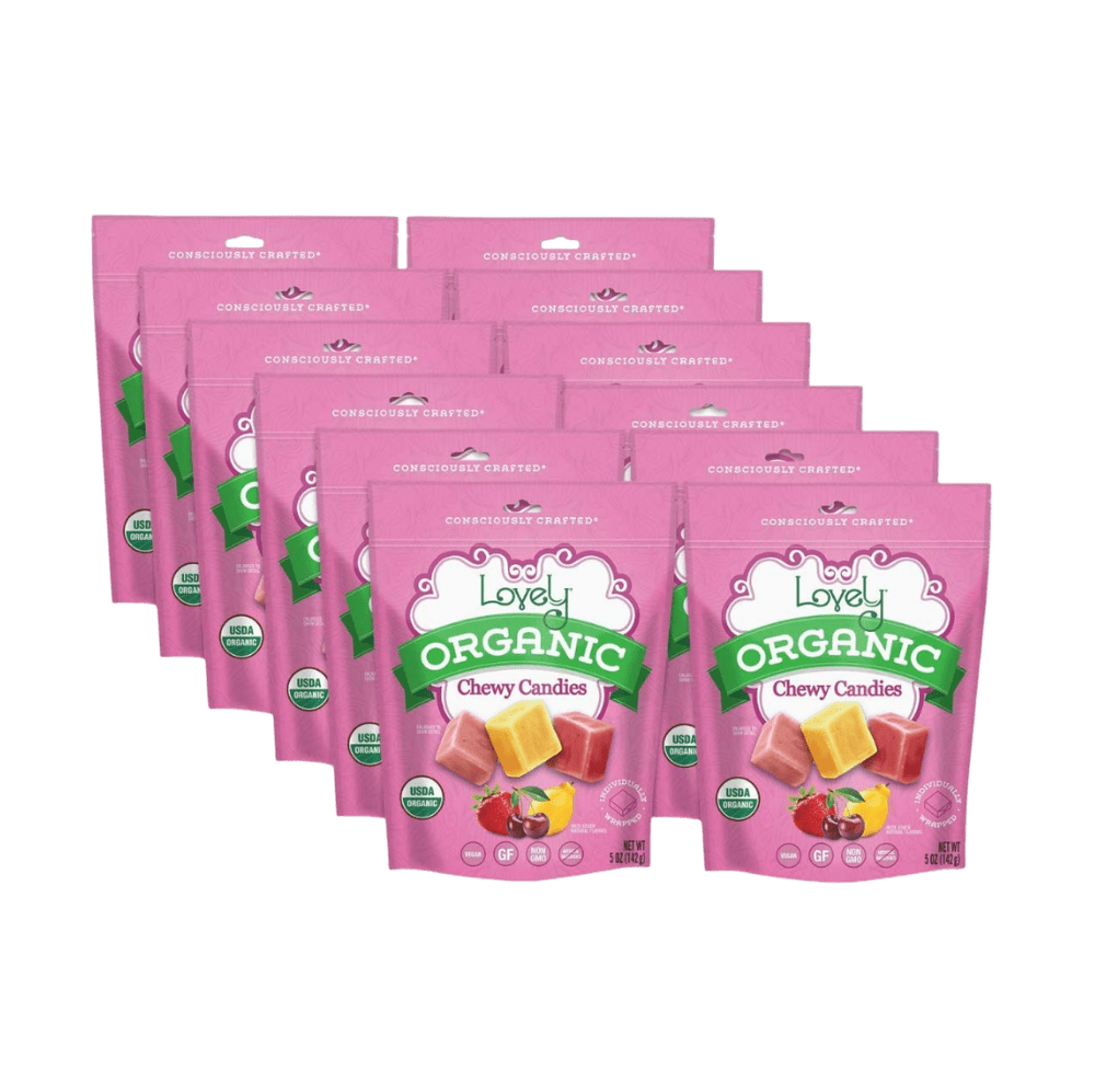 Organic chewy candies from Lovely Candy Company, colorful and fruity, showcasing the vibrant, individually wrapped sweets.