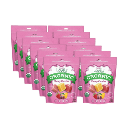 Organic chewy candies from Lovely Candy Company, colorful and fruity, showcasing the vibrant, individually wrapped sweets.