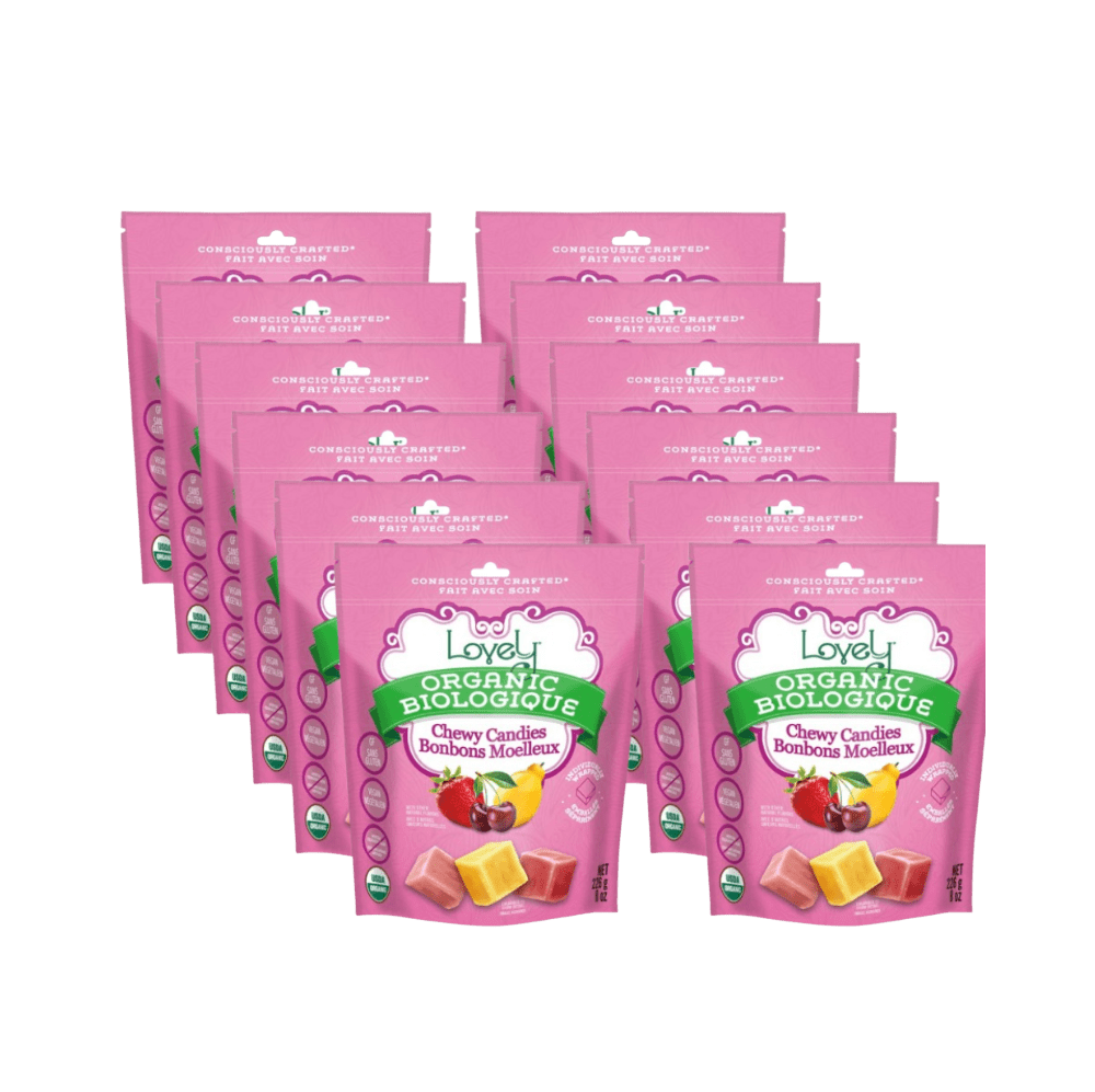 Organic chewy candies from Lovely Candy Company, colorful and sweet treats with vibrant wrappers and soft, chewy texture.