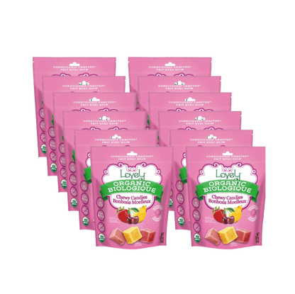 Organic chewy candies from Lovely Candy Company, colorful and sweet treats with vibrant wrappers and soft, chewy texture.