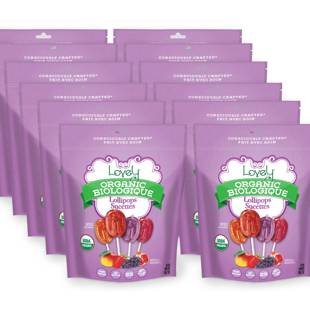 Set of 12 organic lollipops by Lovely Candy Company, colorful candy treats with natural flavors in a 7oz pack.