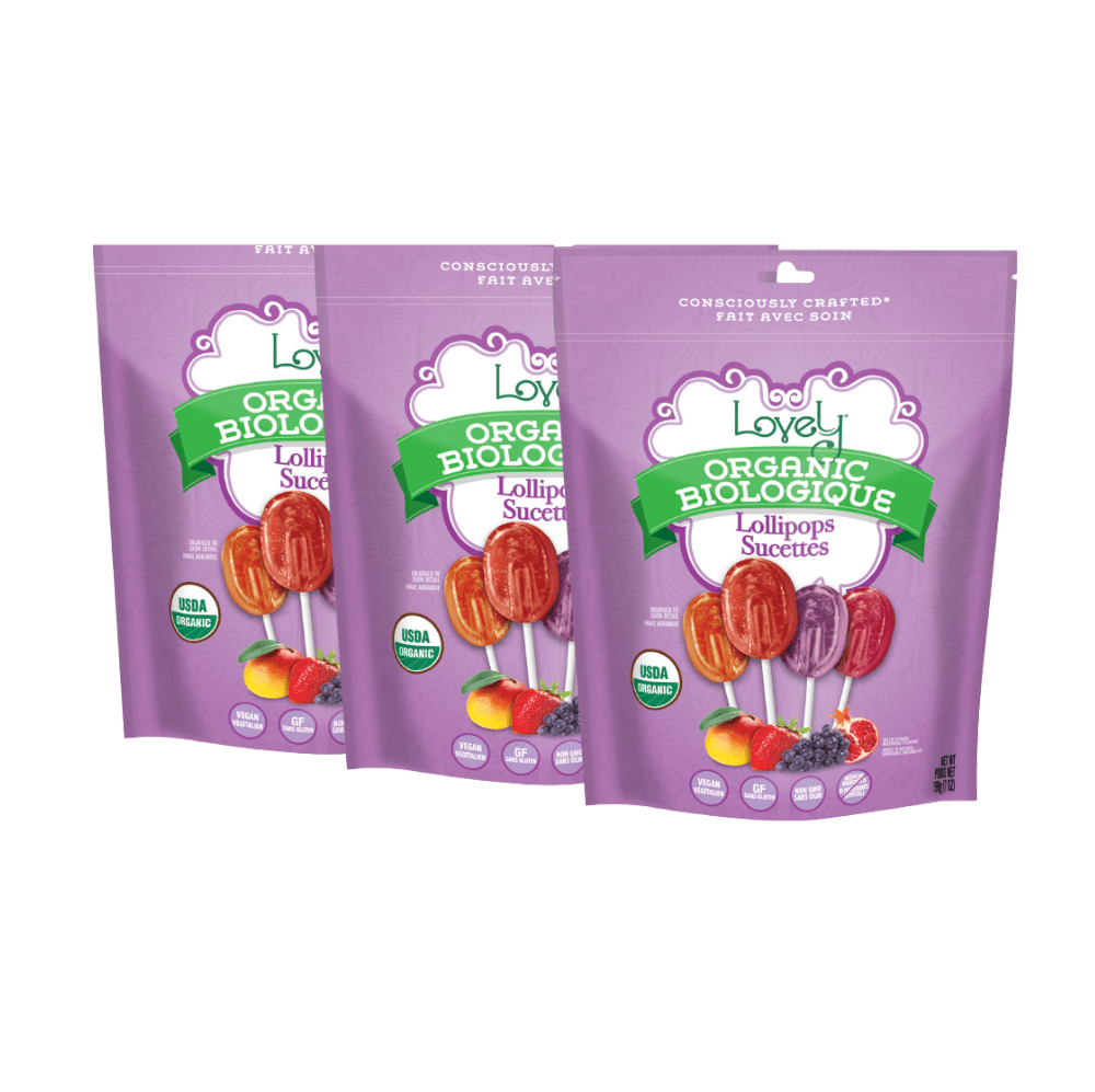 Colorful organic lollipops from Lovely Candy Company, showcasing vibrant flavors and natural ingredients.