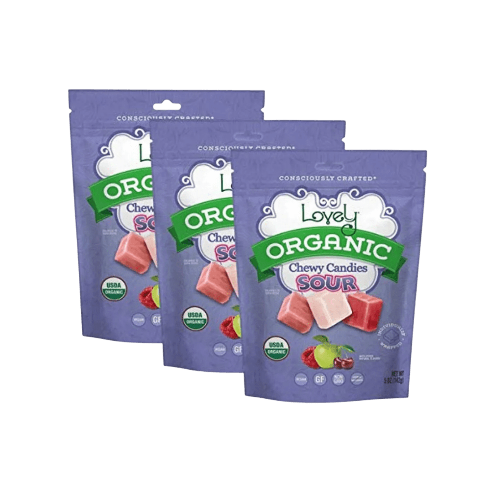 Organic Sour Chewy Candies by Lovely Candy Company, colorful and fruity candies with a sour taste and chewy texture.