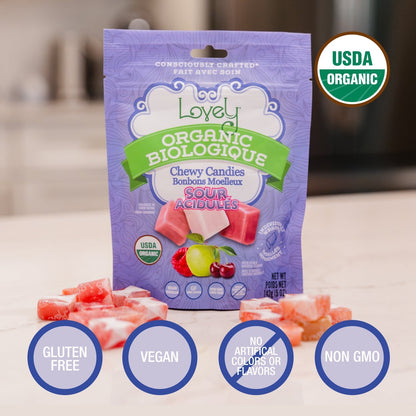 Organic sour chewy candies by Lovely Candy Company featuring colorful fruit flavors and vibrant packaging.