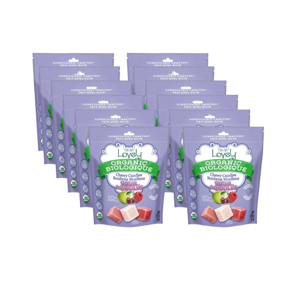 Organic sour chewy candies from Lovely Candy Company, colorful candies with a tangy, fruity appearance in a clear bag.