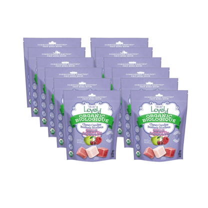Organic sour chewy candies from Lovely Candy Company, colorful candies with a tangy, fruity appearance in a clear bag.
