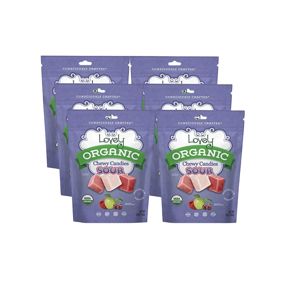 Two colorful organic sour chewy candies from Lovely Candy Company, showcasing vibrant textures and bright appearance.