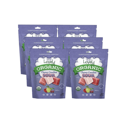 Two colorful organic sour chewy candies from Lovely Candy Company, showcasing vibrant textures and bright appearance.