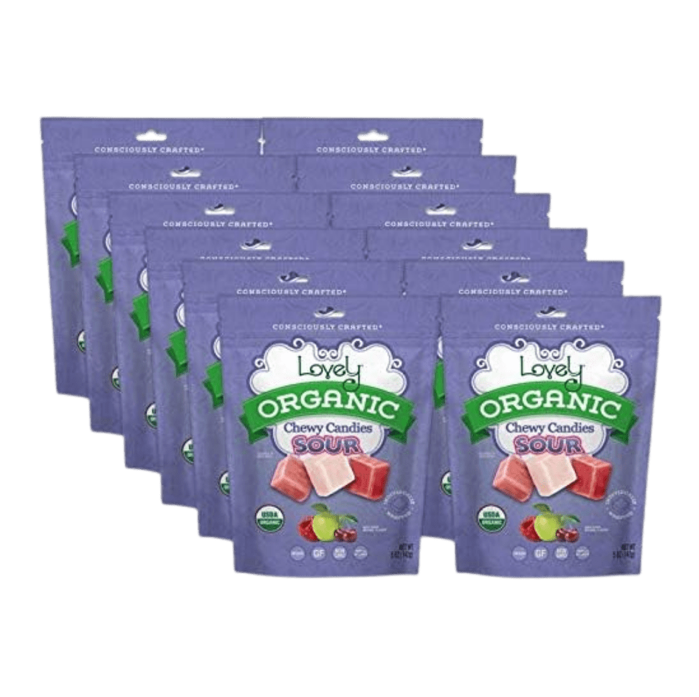 Organic sour chewy candies from Lovely Candy Company, colorful and fruity with a sticky, chewy texture.