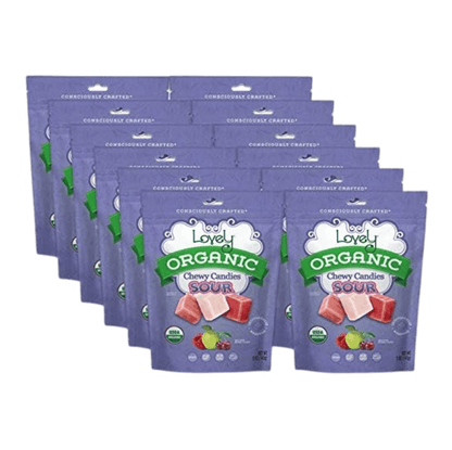 Organic sour chewy candies from Lovely Candy Company, colorful and fruity with a sticky, chewy texture.