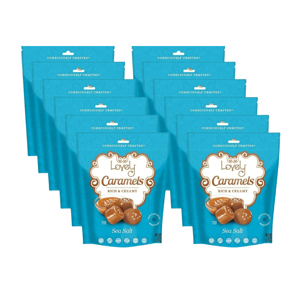 Assorted Lovely Candy Company sea salt caramel candies with rich caramel and sprinkled sea salt on top.