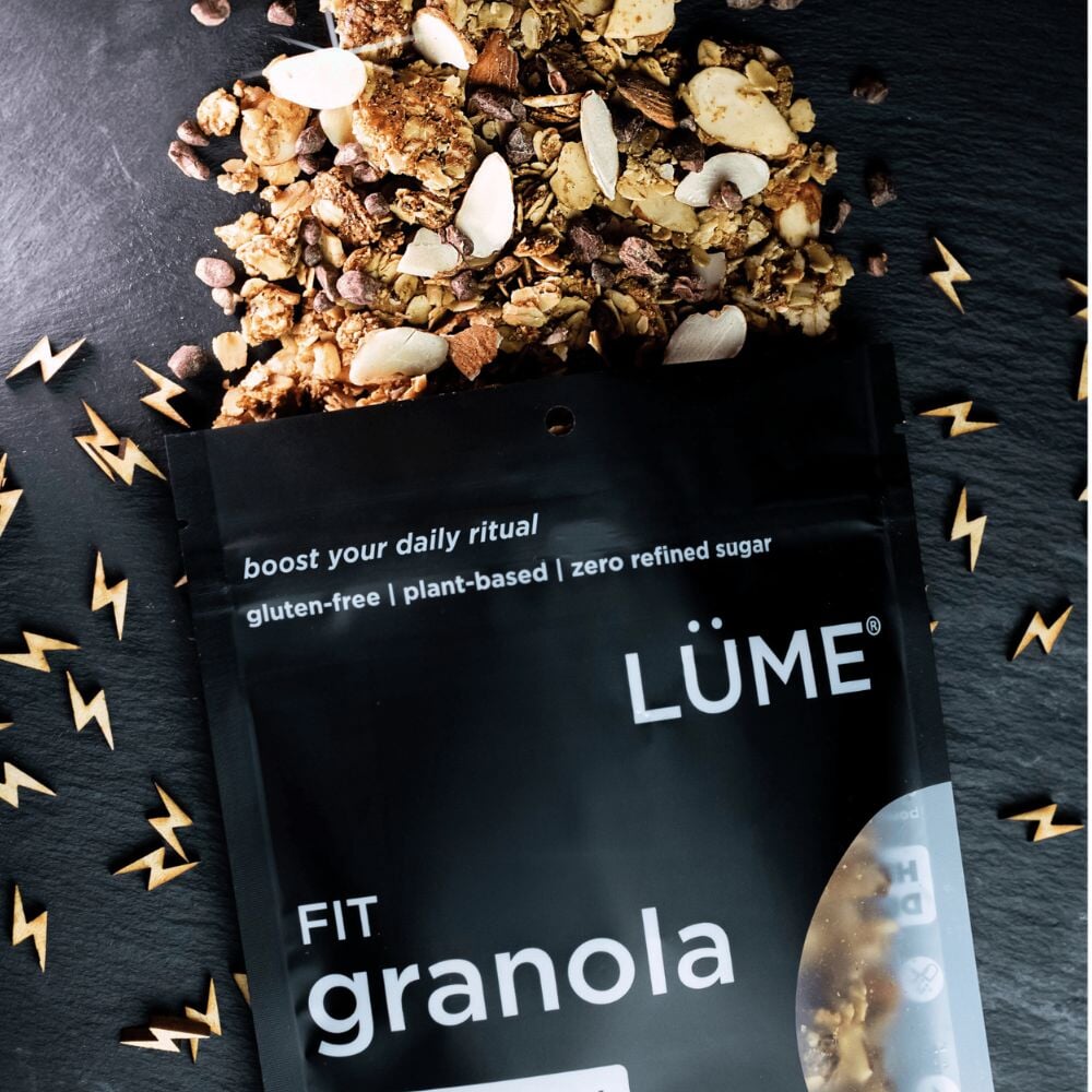 LÜME Cacao Almond Granola in branded packaging with cacao and almond flavoring