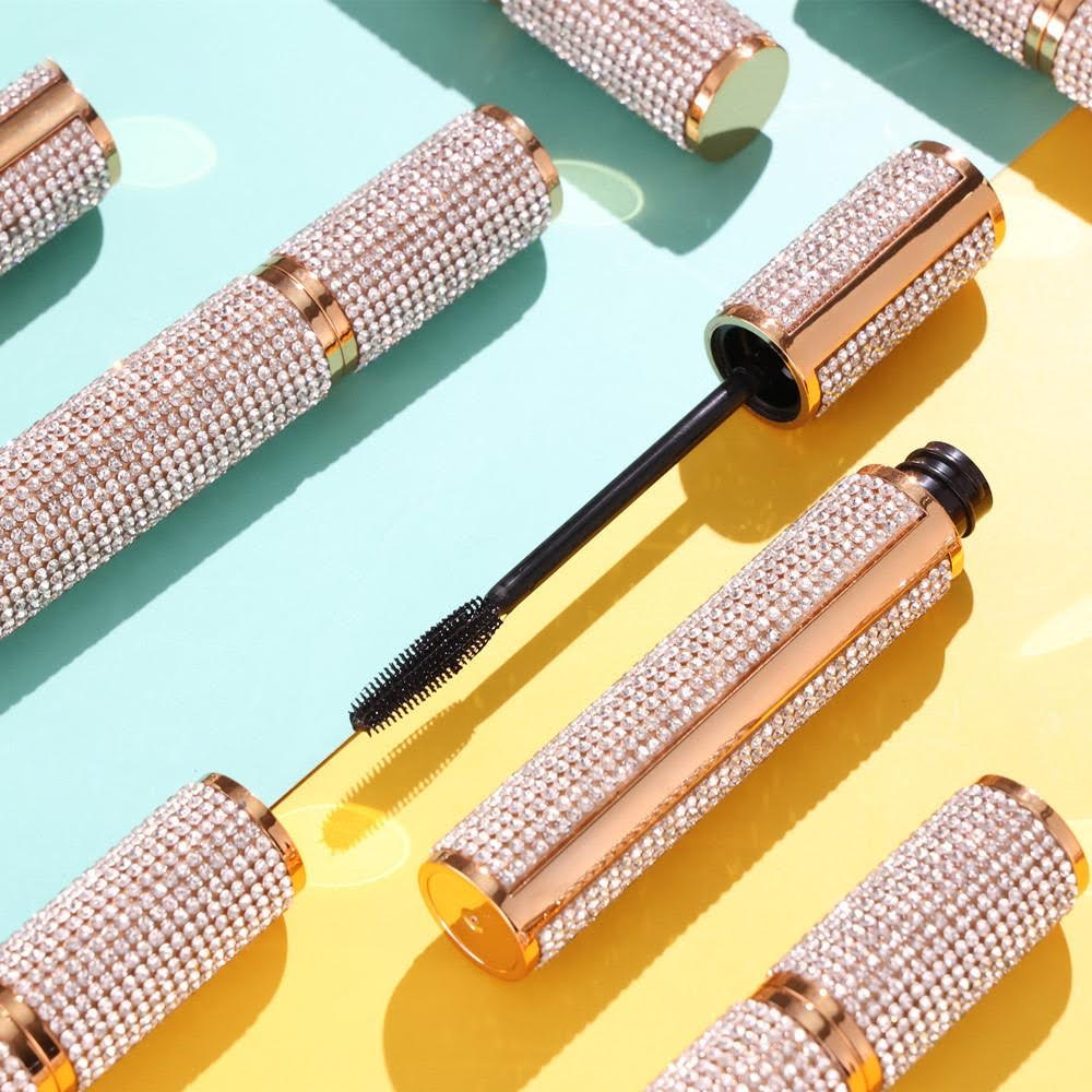 EpiLynx Mega Volume Vegan Mascara with handmade diamond case, featuring thick, smudge-proof black lash coverage.