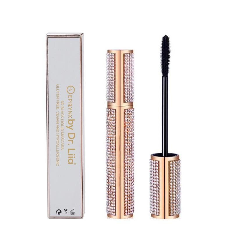 EpiLynx Mega Volume Vegan Mascara with handmade diamond case, showcasing thick, long lashes and smudge-proof formula.