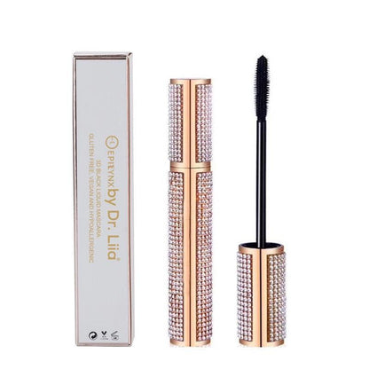 EpiLynx Mega Volume Vegan Mascara with handmade diamond case, showcasing thick, long lashes and smudge-proof formula.