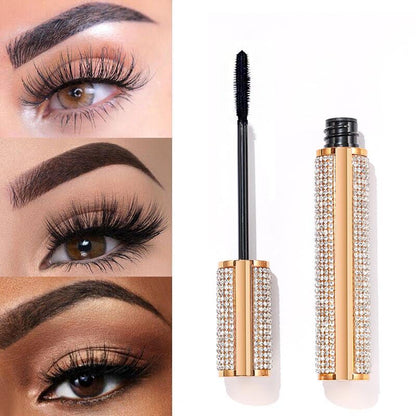 EpiLynx Mega Volume Vegan Mascara with handmade diamond case, showcasing thick, lengthened lashes and smudge-proof formula.