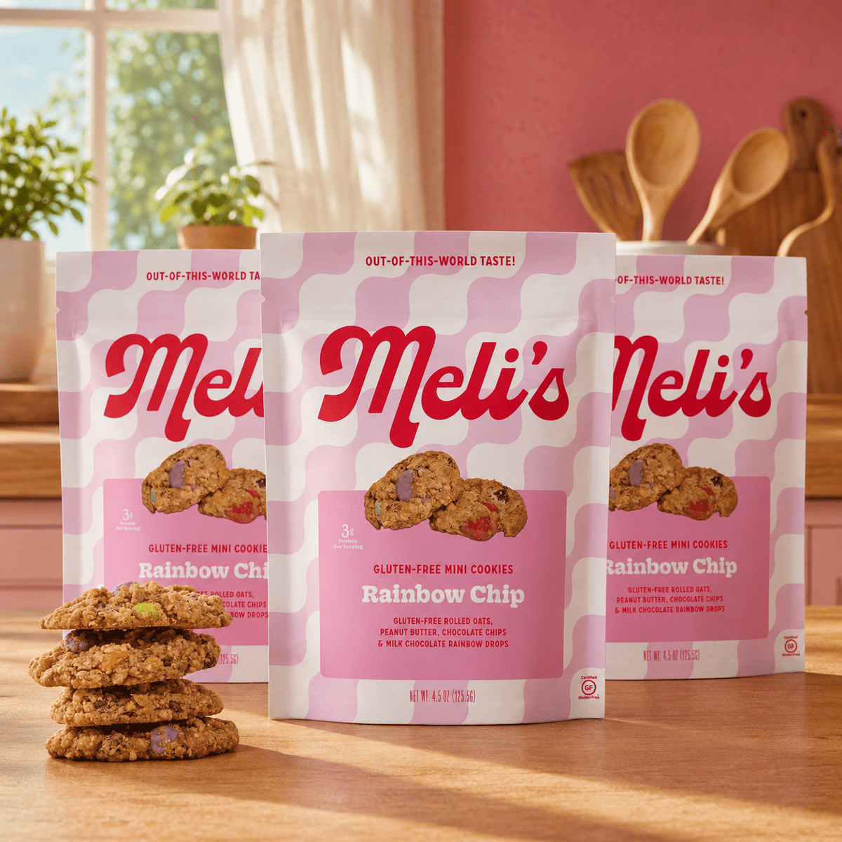 Three packs of Meli's Rainbow Chip Mini Cookies, colorful cookies with rainbow sprinkles from Meli's Cookies.