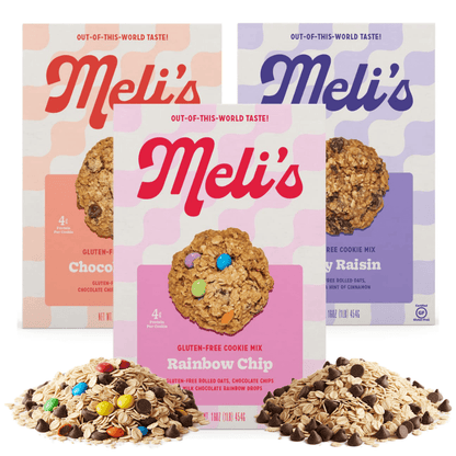 Assorted Meli's Cookies Variety Pack featuring OG Monster, Chocolate Chip, and Rainbow Chip cookies on a plate.