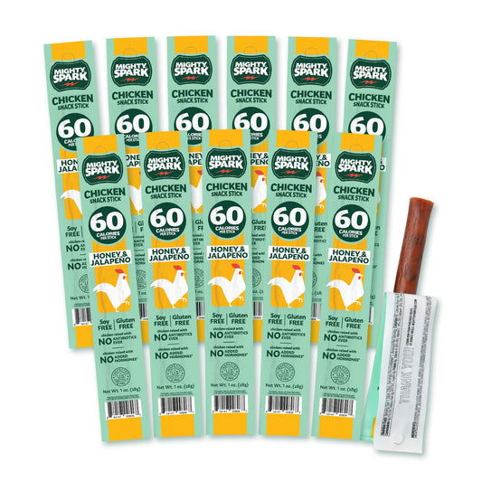 Mighty Spark Chicken Snack Sticks with honey and jalapeno flavor, 12-pack, showing spicy and sweet chicken jerky sticks.