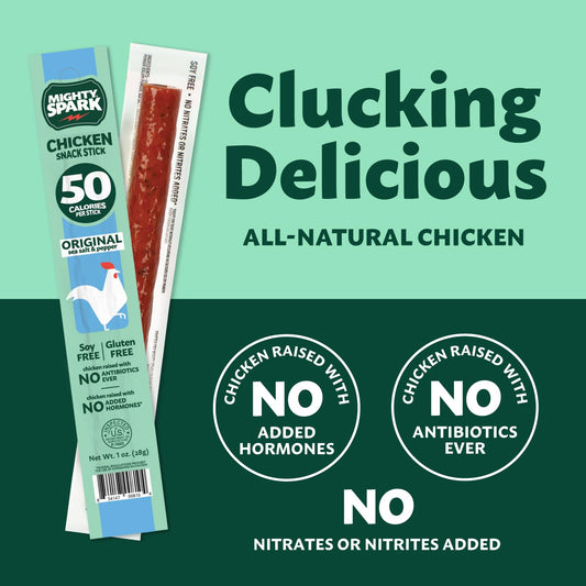 Mighty Spark Original Chicken Snack Sticks in a 12-pack, showing crispy, seasoned chicken snack sticks ready to eat.