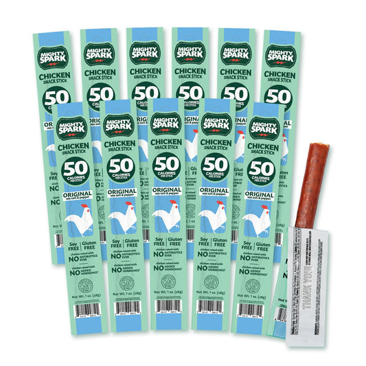 Mighty Spark Original Chicken Snack Sticks in a 12-pack, showing natural, crispy chicken snack sticks on a white background.