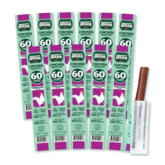 Mighty Spark Teriyaki Chicken Snack Sticks in a 12-pack, showing flavorful grilled chicken snack sticks with teriyaki glaze.