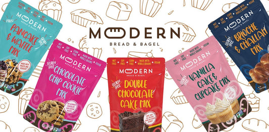 Modern Bread & Bagel pancake, waffle, and bread mix in a colorful package, ideal for making breakfast treats at home.