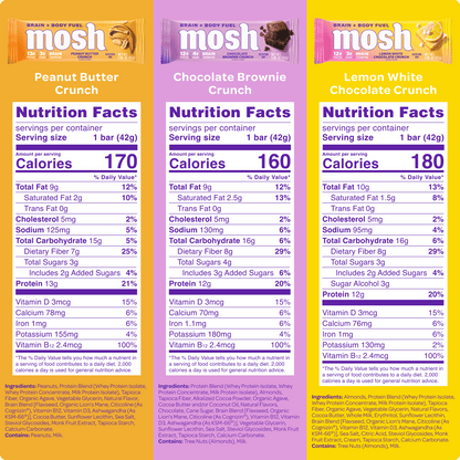 Assorted MOSH protein bars from the Best Sellers Trial Pack, showing variety of flavors and packaging.