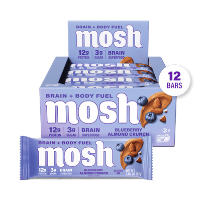 Mosh Blueberry Almond Crunch protein bars showing blueberry and almond pieces in a clear wrapper.