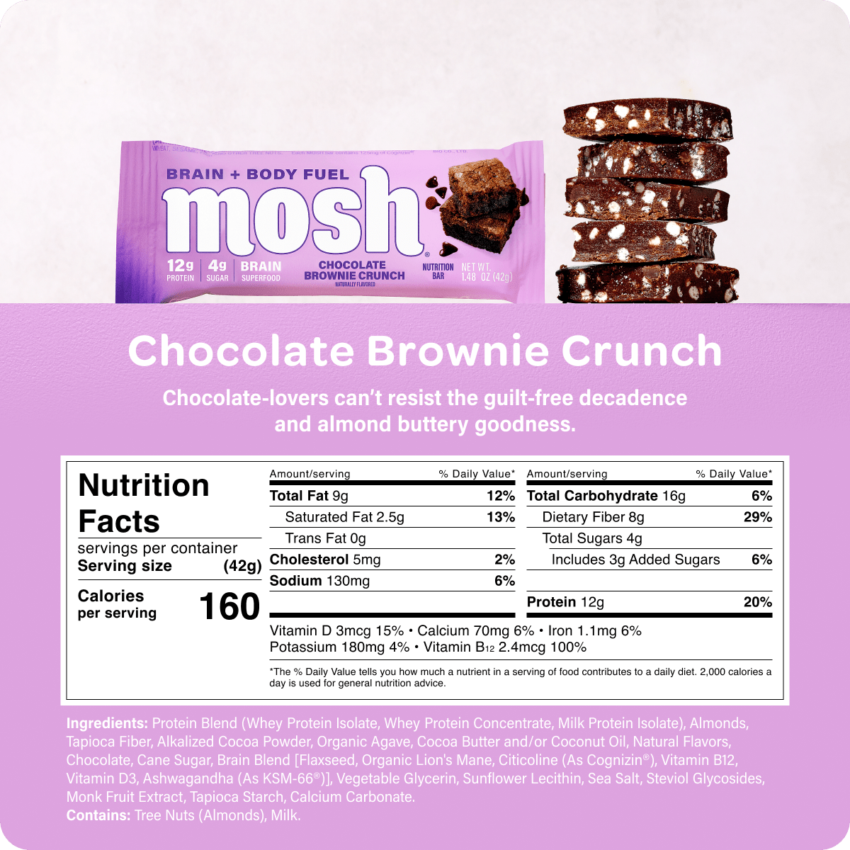 Chocolate Brownie Crunch protein bar by MOSH, featuring a chocolate-flavored protein snack with crunchy texture and rich brownie taste.