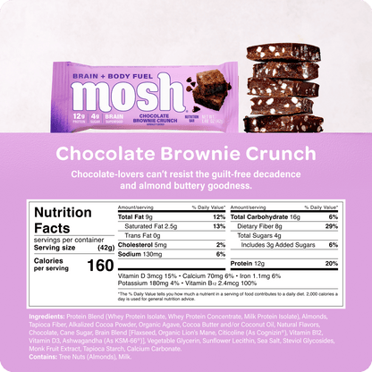 Chocolate Brownie Crunch protein bar by MOSH, featuring a chocolate-flavored protein snack with crunchy texture and rich brownie taste.