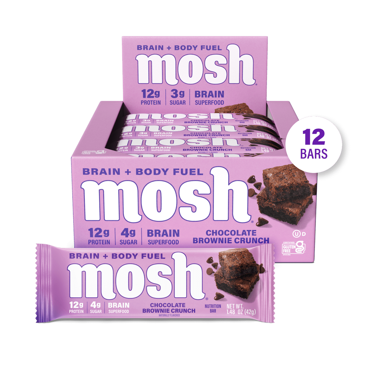 Mosh Chocolate Brownie Crunch protein bar with chocolate and brownie pieces, packed with protein and a crunchy texture.