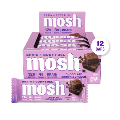 Mosh Chocolate Brownie Crunch protein bar with chocolate and brownie pieces, packed with protein and a crunchy texture.