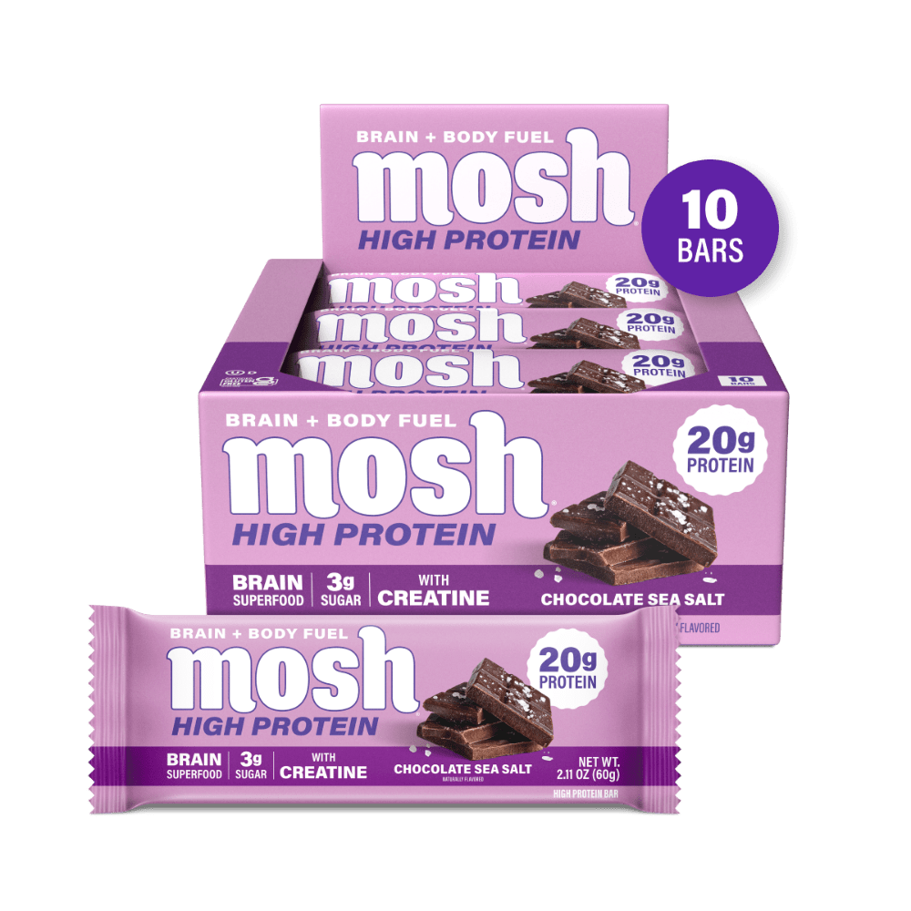 MOSH Chocolate Sea Salt Protein Bars in packaging, featuring chocolate and sea salt flavor with a sleek design and branding.