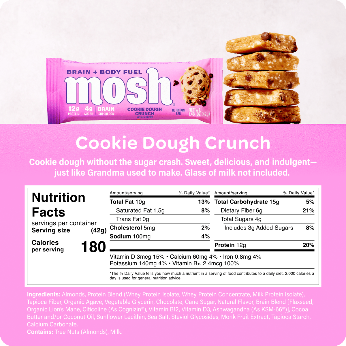 Mosh Cookie Dough Crunch protein bar with cookie dough flavor and crunchy texture, made by MOSH.