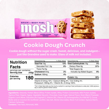 Mosh Cookie Dough Crunch protein bar with cookie dough flavor and crunchy texture, made by MOSH.