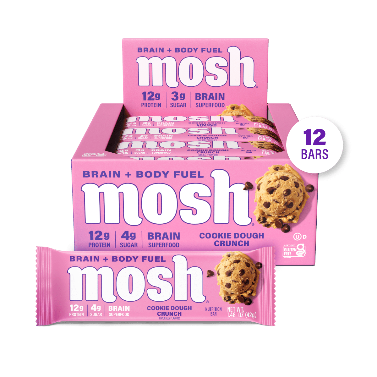 Mosh Cookie Dough Crunch protein bar featuring a chocolate coating and cookie dough filling, displayed on a white background.