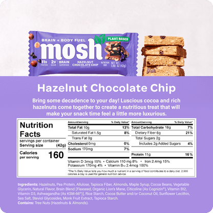 Mosh Hazelnut Chocolate Chip protein bar showing the bar with hazelnuts and chocolate chips inside, in a clear wrapper.