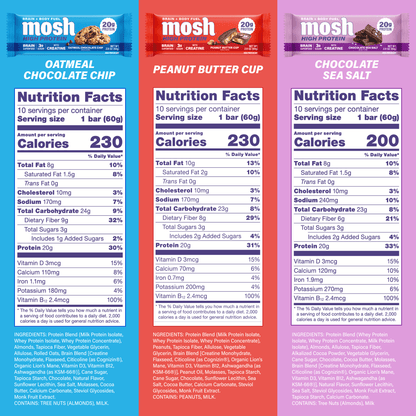 Assorted MOSH high protein variety pack of protein bars with different flavors, displayed together on a plain background.