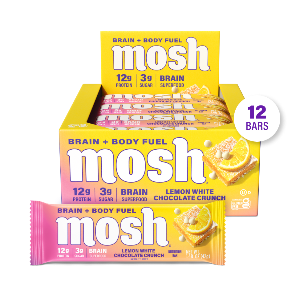 Mosh Lemon White Chocolate Crunch Protein Bar showing lemon-flavored white chocolate coating and crunchy texture.