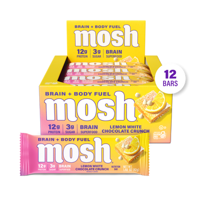 Mosh Lemon White Chocolate Crunch Protein Bar showing lemon-flavored white chocolate coating and crunchy texture.