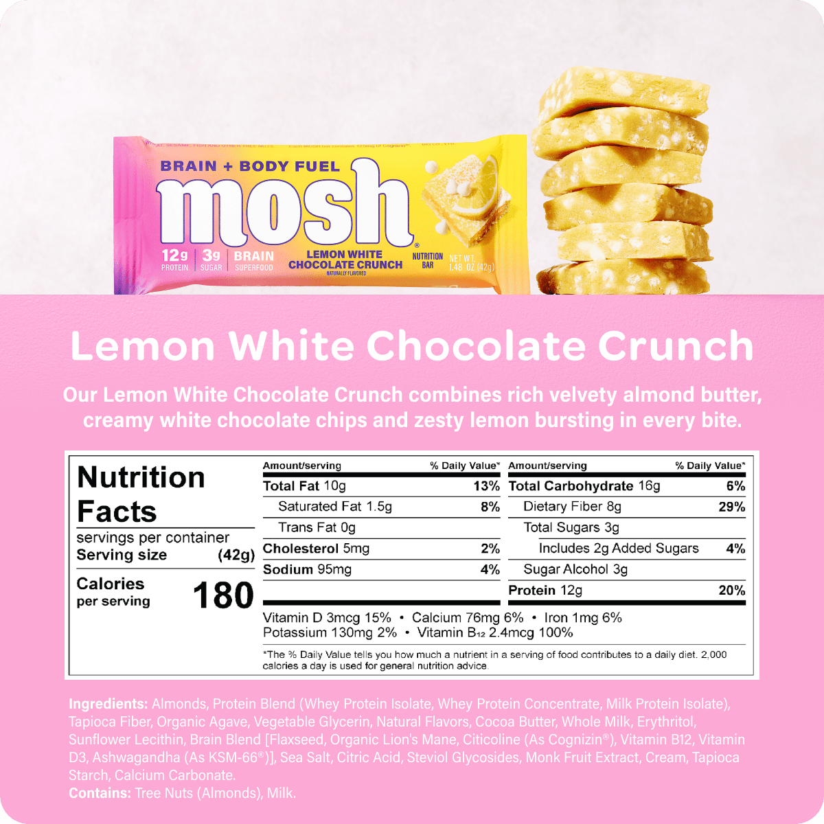 MOSH Lemon White Chocolate Crunch protein bar with lemon-flavored white chocolate coating and crunchy texture, displayed in packaging.