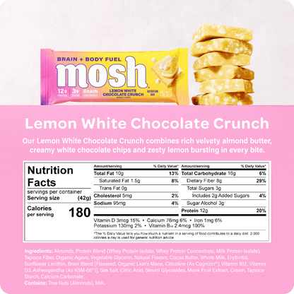 MOSH Lemon White Chocolate Crunch protein bar with lemon-flavored white chocolate coating and crunchy texture, displayed in packaging.