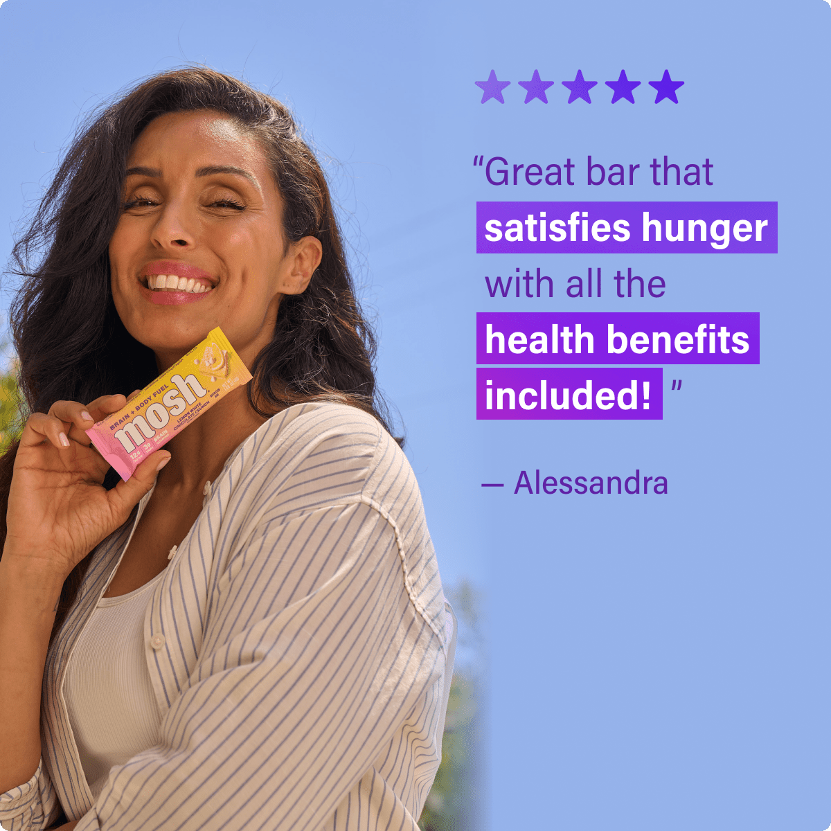 Mosh Lemon White Chocolate Crunch protein bar showing a white chocolate coating with lemon flavor accents and crunchy texture.