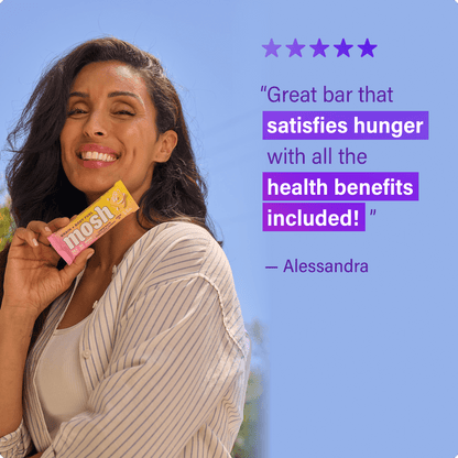 Mosh Lemon White Chocolate Crunch protein bar showing a white chocolate coating with lemon flavor accents and crunchy texture.