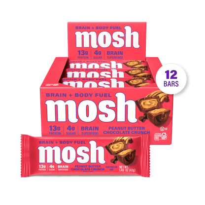 MOSH Peanut Butter Chocolate Crunch Protein Bar showing a textured bar with peanut butter and chocolate coating.