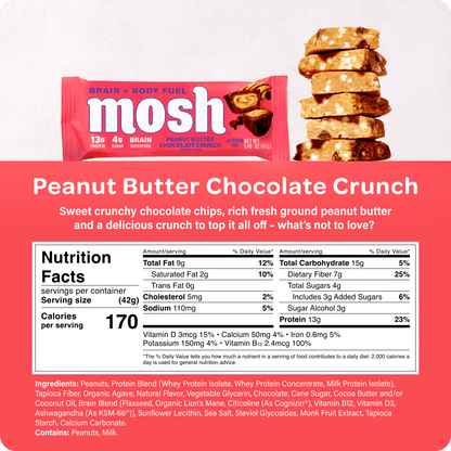 Mosh Peanut Butter Chocolate Crunch Protein Bar with peanut chunks and chocolate coating on the bar's surface.